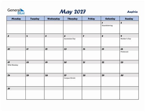 May 2027 Monthly Calendar Template With Holidays For Austria