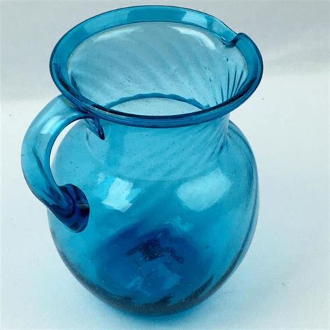 Lot Vintage Large Handblown Blue Glass Pitcher W Swirled Design And Handle