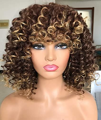 Prettiest Afro Curly Wigs Black With Warm Brown Highlights Wigs With Bangs For