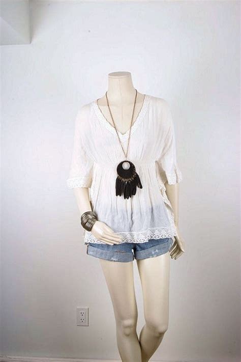 Peasant Blouse White Top Bohemian Gypsy Hippie Vintage Women