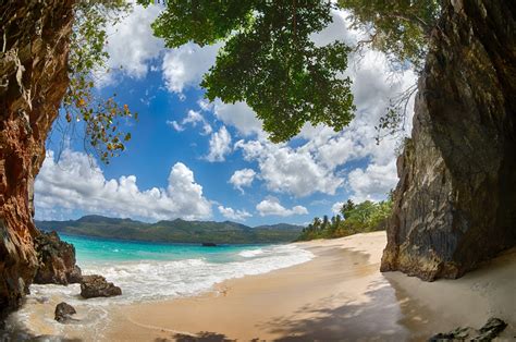 Beach Tropical Sand Mountain Caribbean Palm Trees Clouds Rock Dominican Republic Island