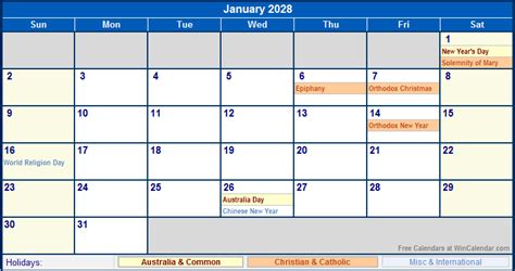 January 2028 Australia Calendar With Holidays For Printing Image Format