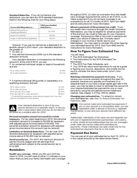 2015 Form 1040 Es Estimated Tax For Individual Free Download