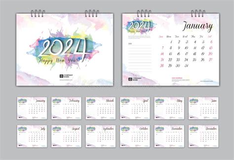 Calendar 2024 Template Set On Colorful Watercolor Background And Cover