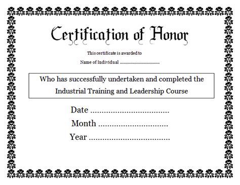 Certificate Of Honor Template Free Word Templates