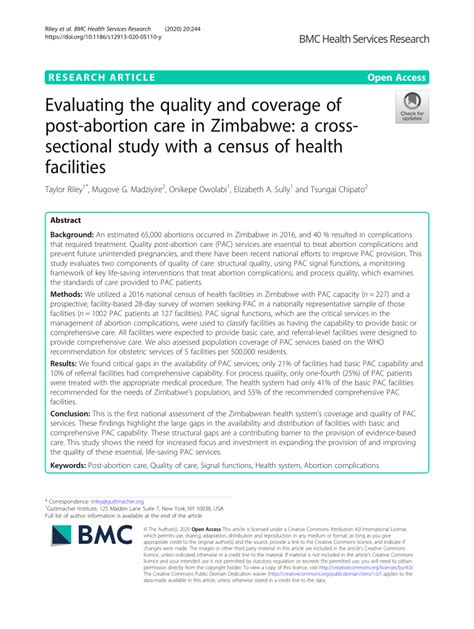 We did not find results for: (PDF) Evaluating the quality and coverage of post-abortion care in Zimbabwe: a cross-sectional ...