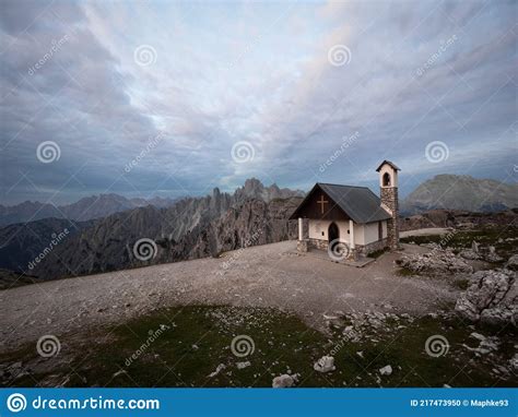 Alpine Panorama Of Cappella Degli Alpini Mountain Chapel And Cadini Di