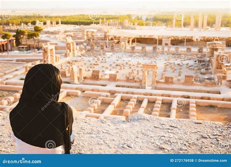 Tourist Woman Visit Famous Destination Sit On Viewpoint Above