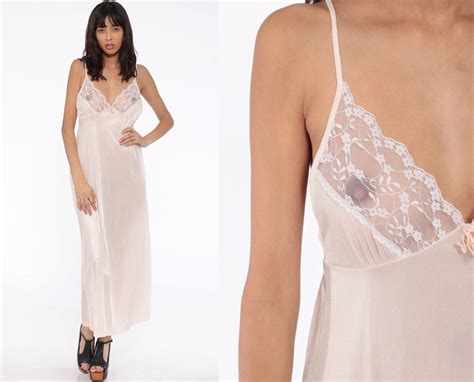 Off White Lace Nightgown Sheer Slip Dress 70s Maxi Sexy Lingerie Shop