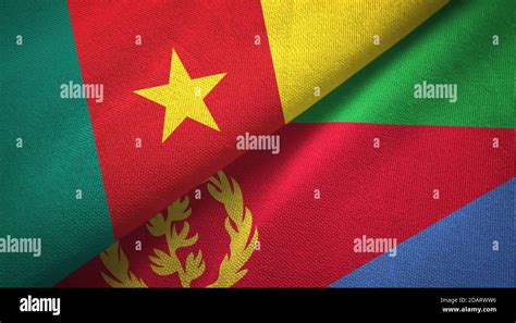 Cameroon And Eritrea Two Flags Textile Cloth Fabric Texture Stock