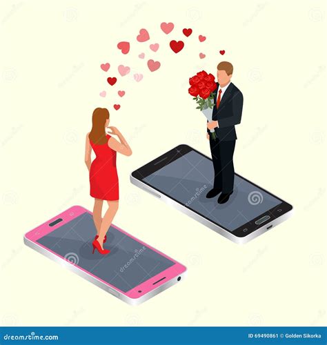 Online Dating Online Dating App Concept With Man And Woman Flat 3d Vector Isometric
