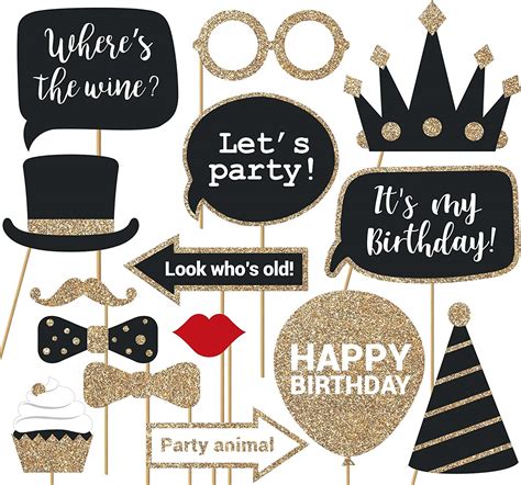 Amazon Com Fully Assembled Birthday Photo Booth Props Piece Box Set Of Black Gold Selfie