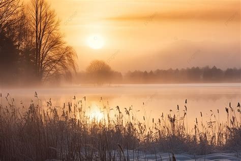 Early Morning Sunrise Over The Lake With Mist In The Air Background