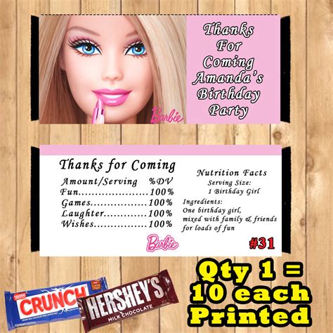 Barbie Printed Birthday Candy Bar Wrappers 10 Ea Personalized Custom M