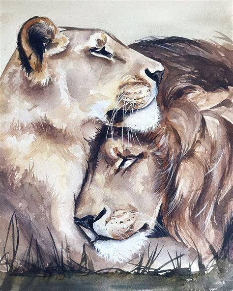 Lions Original Watercolor Painting Animals Painting Wild Etsy
