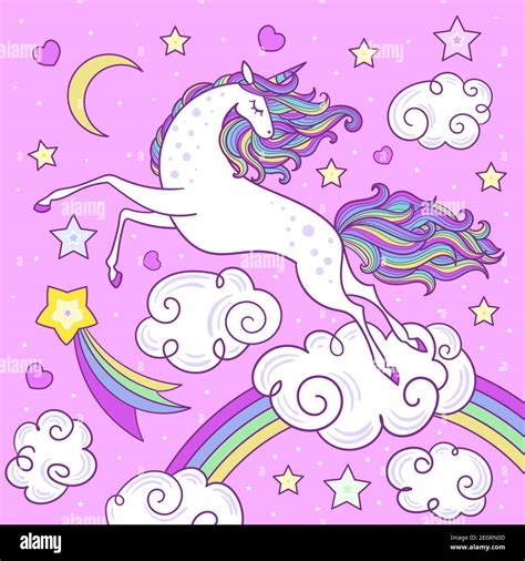A Rainbow Unicorn Flying In The Sky Childrens Illustration Vector
