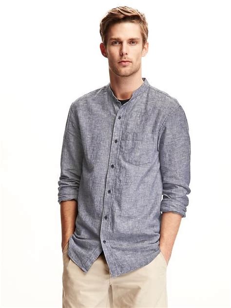 Slim Fit Banded Collar Chambray Shirt For Men Old Navy Mens Outfits