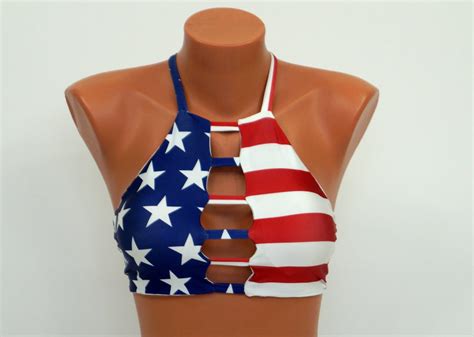 American Flag White Knot Halter Bikini Top High Waist Scrunch Bottoms Swimsuit Swimwear Plus