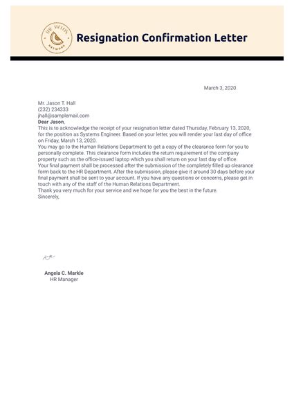 Resignation Confirmation Letter Pdf Templates Jotform