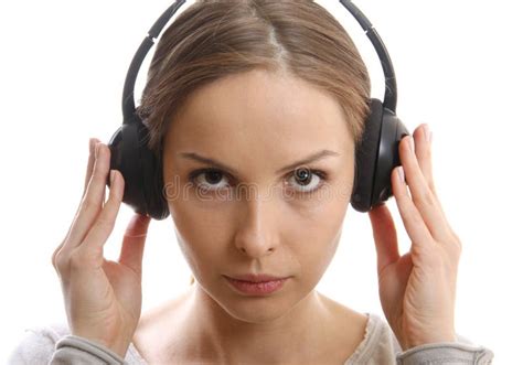 Woman Listening Music With Headphones On White Stock Photo Image Of