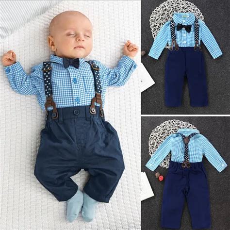 2018 Fashion Newborn Baby Boys Formal Suit Plaid Bowknot Shirt