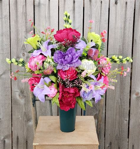 Artificial silk flower grave spike vase arrangement memorial tribute dad mum. Cemetery Flower Vase With Stake-Flowers For Grave-Grave ...