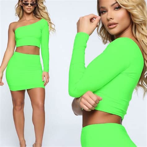 Summer Women Gothic Style Sets One Shoulder Solid Crop Top Bodycon Mini Skirt Sexy Club 2pcs