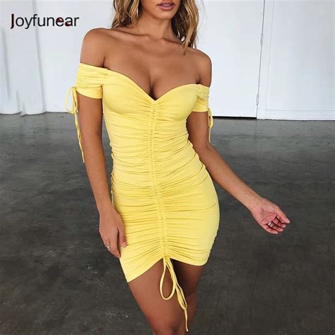 Joyfunear Slash Neck Summer Dress Women Pleat Off Should Solid Skinny Mini Dress Short Sleeve