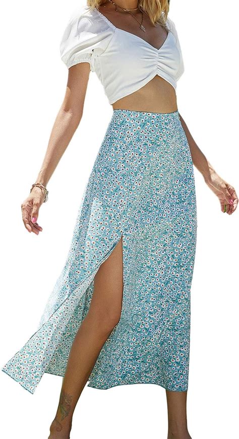 Female Casual Beach Split Skirts Summer Women High Waist Floral Print Midi Skirt Boho Sweet
