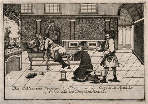 a frenchman receiving an enema from a hungarian apothecary by order of a dutch doctor etching