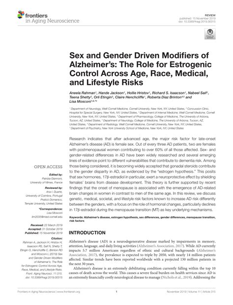 Pdf Sex And Gender Driven Modifiers Of Alzheimers The Role For Estrogenic Control Across Age