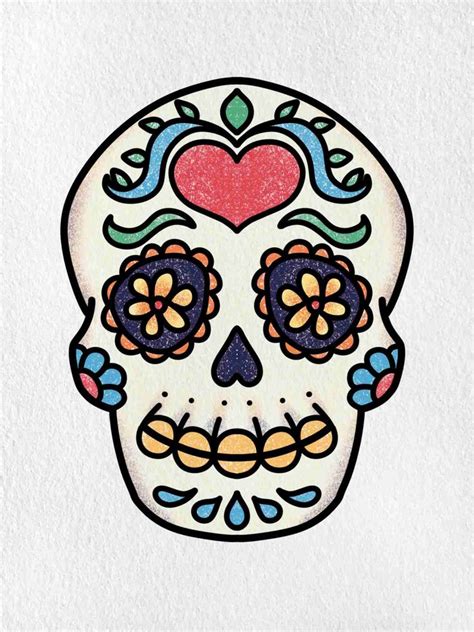 A Drawing Of A Sugar Skull With Flowers On Its Forehead And Heart In