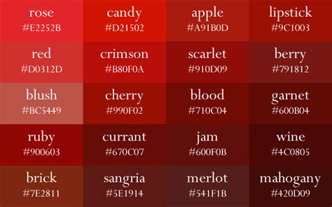 Color Names Now In Gradient Order Red Color Names Red Colour