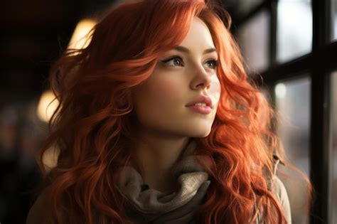 Premium Ai Image A Beautiful Red Haired Woman Looking Out The Window