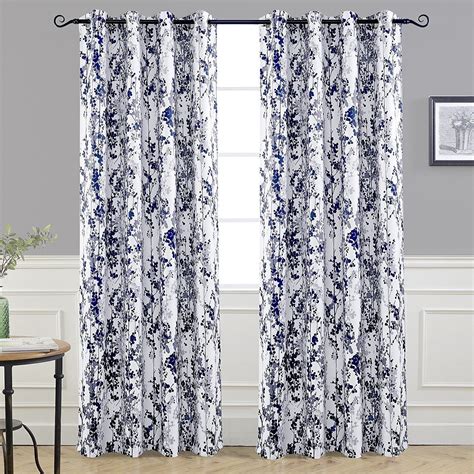 Set 2 Navy Blue Gray Grey White Floral Curtains Panels Drapes 84 in L