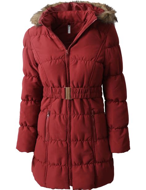 Ma Croix Womens Belted Quilted Puffer Coat Detachable Fur Hoodie