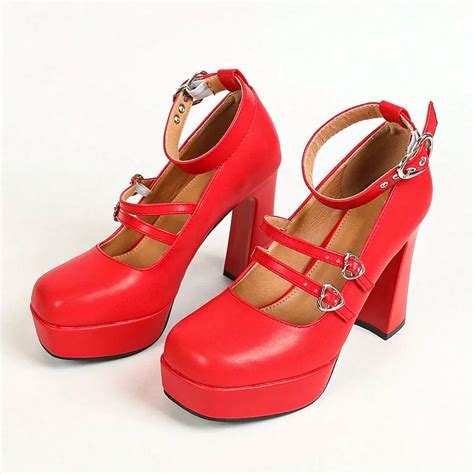 Red Ankle Strap Heart Buckle Platform Mary Janes High Heels Shoes