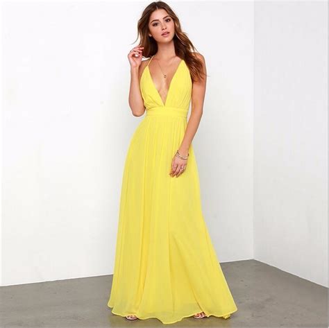 Simple Yellow Long Prom Dresses Formal Gowns Sexy V Neck A Line Long