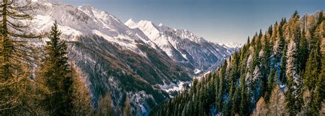 Panorama Dual Monitor Mountain Forest Snow Wallpaper 3200x1154