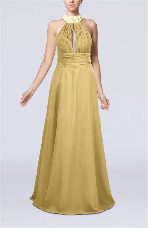 Gold Elegant A Line Sleeveless Zip Up Floor Length Evening Dresses