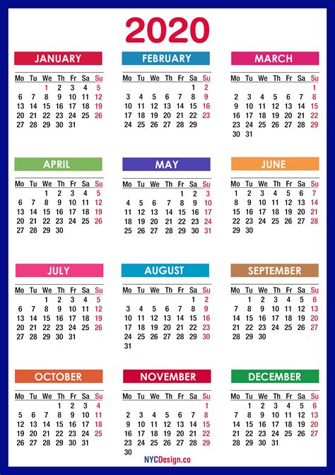 2020 Calendar Printable Free