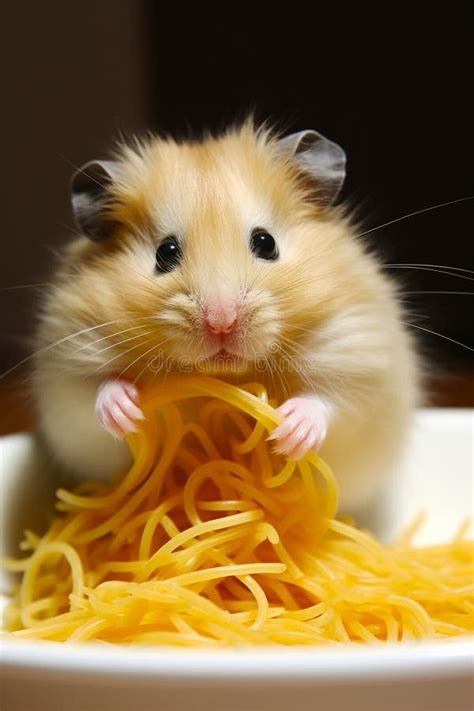 Hamster Eating Spaghetti On White Plate With Black Back Ground