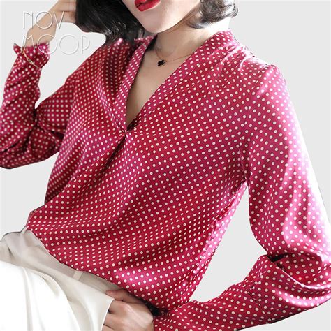ladies natural silk tops and blouses long sleeve sexy v neck silk shirt black red dot printed
