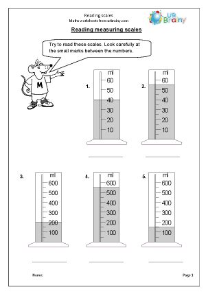 Reading scales - Measuring and Time Worksheets for Year 4 (age 8-9) by