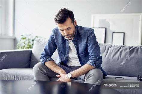 Worried Sad Man Sitting On Sofa — Problem Flat Stock