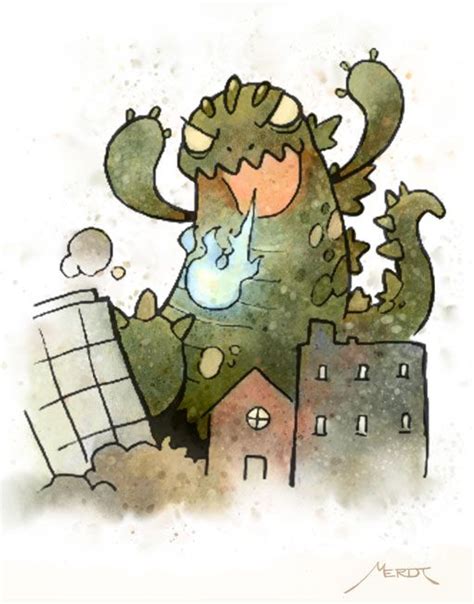 A Colored Watercolor Stile Version Of One Of My Godzilla Cards There