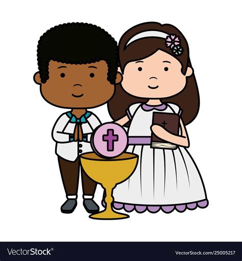 Little Kids With Chalice And Bible First Communion Vector Illustration