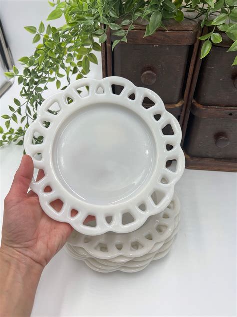 Six 8 Vintage Milk Glass Scalloped Plates Set Of 6 Laced Etsy