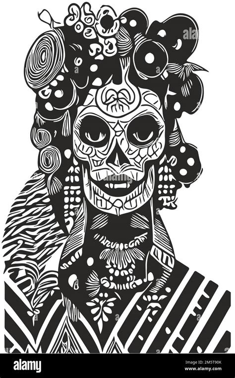 Feminine Sugar Skull Wallpaper Hand Drawn Vector Black And White Clip