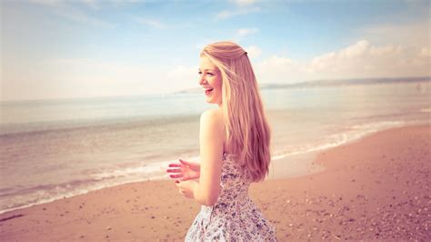 Wallpaper Happy Blonde Girl Skirt Beach Sea Summer 2560x1600 Hd